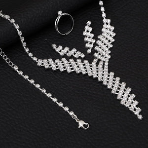 Silver Necklace, Ring< Bracelet and Earrings Sets with Rhinestones