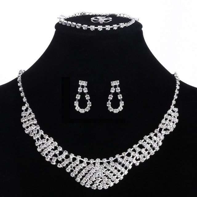 Silver Necklace, Ring< Bracelet and Earrings Sets with Rhinestones