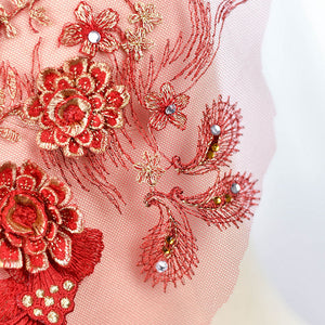 3D Flower Embroidered Lace Applique with Rhinestones