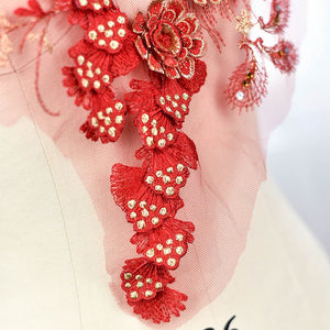 3D Flower Embroidered Lace Applique with Rhinestones