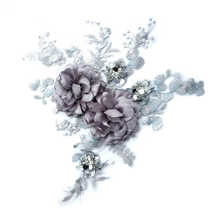 Grey Floral Rhinestone Beaded Sew On Applique
